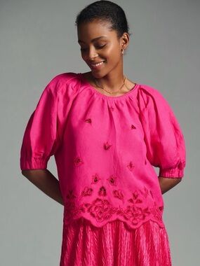 Anthropologie Hot Pink Embroidered Peasant Blouse Puff Sleeve Scalloped Hem MED